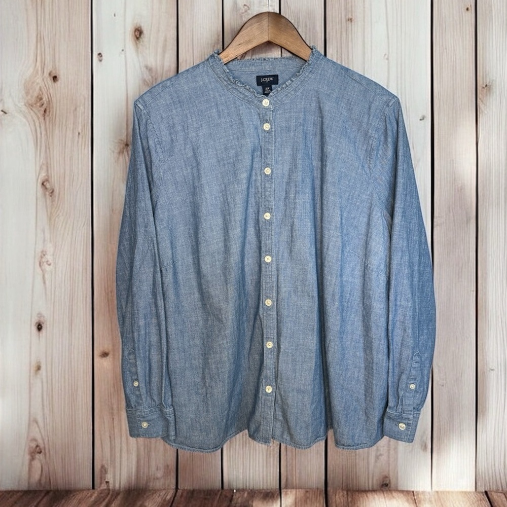 J. Crew Chambray Button Front Top With Ruffled Collar - Picture 2 of 4